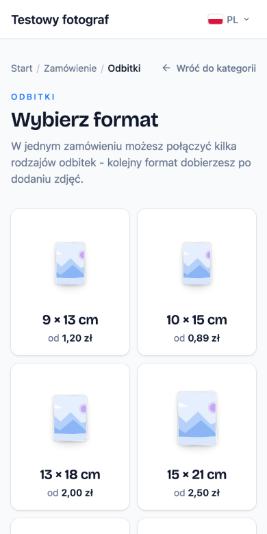 Wybór formatu odbitek w systemie zamawiania zdjęć Foto.Guru