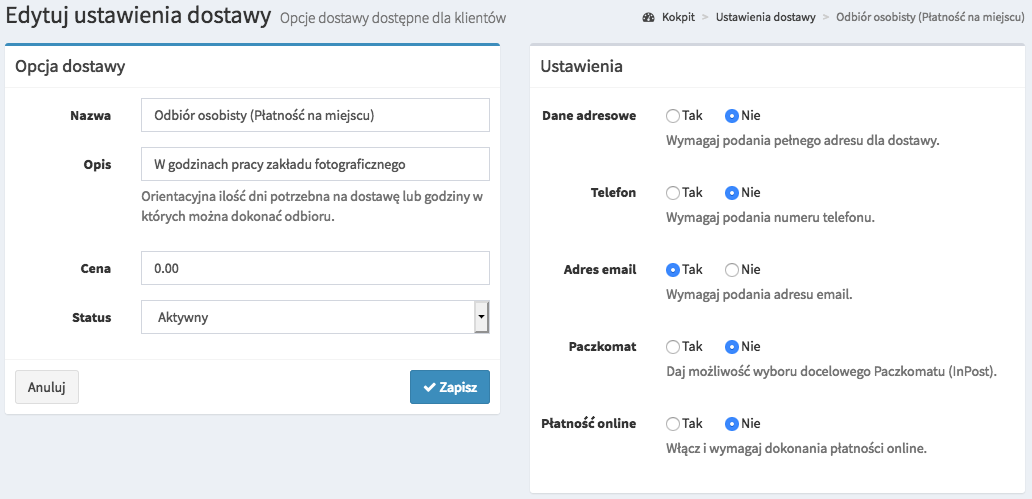 Edycja opcji dostawy odbitek