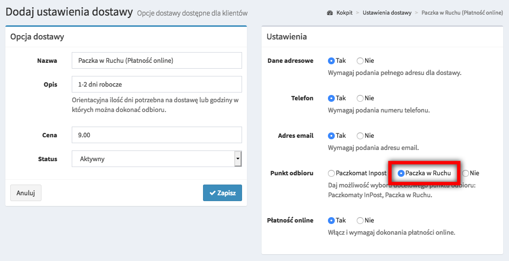 Ustawianie Paczka w Ruchu jako opcja dostawy